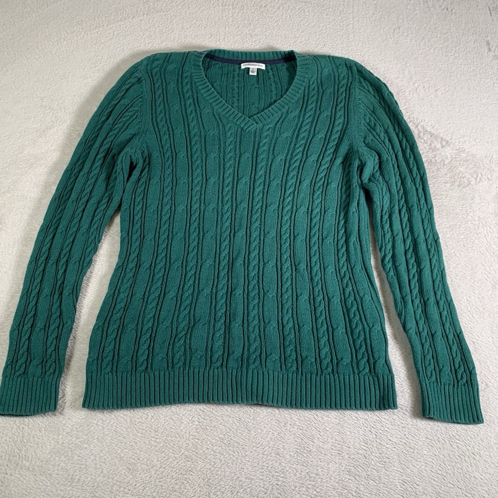 Croft & Barrow Sweater Womens Large Green‎ Cable Knit Crewneck Pullover Cotton